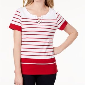 XXL New Red Amore Karen Scott Lace-Up Short Sleeve Tee
